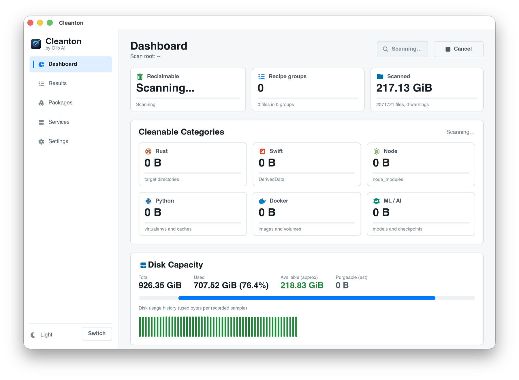 Cleanton Dashboard showing reclaimable space by category