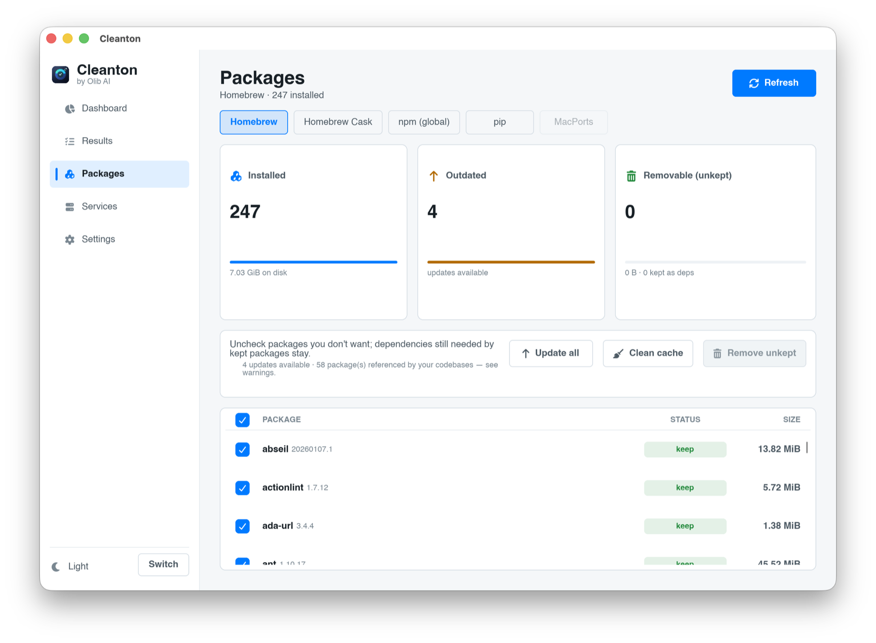 Cleanton Packages screen for Homebrew, npm, pip, and MacPorts